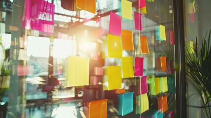 Poster - Vibrant sticky notes attached to a glass window in an office environment, backlit by the warm glow of a setting sun. Colorful Sticky Notes on Office Window at Sunset

