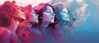 Colorful abstract portrait of four female figures with flowing hair
