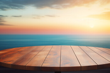 Wall Mural - Empty wooden deck with serene sunset over ocean horizon background
