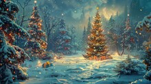 Illuminated Christmas Trees With Red And Golden Garlands Into A Forest With Snowy Flakes With Shape Of Stars Close To Xmas Gifts In Red Boxes , Generative AI Illustration