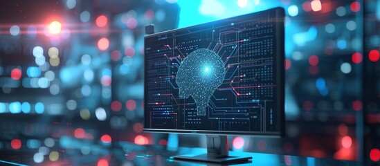 Poster - Modern technology concept with computer monitor displaying brain scan, medical diagnosis and innovation