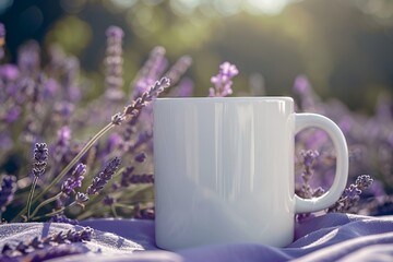 Sticker - a white color 11oz blank cup the background a lavander garden