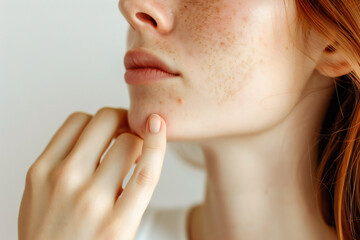 Wall Mural - Woman with unclean skin on her face close-up on a light background