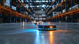 Fototapeta Uliczki - An autonomous robotic vehicle with glowing lights navigates through the aisles of a vast, modern warehouse facility. Autonomous Robot Navigating Modern Warehouse

