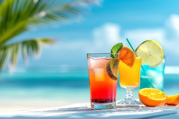 Cocktails on the beach with palm trees and turquoise sea