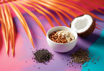 healthy oat meal breakfast on a colorful bright background with the presence of a red palm leaf