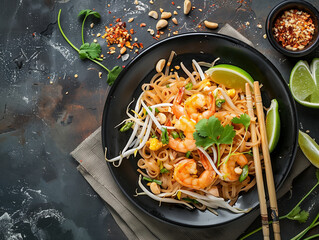 Wall Mural -  pad thai with scrimps and noodles on dark background