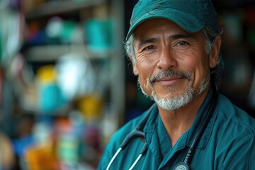 Wall Mural - A jovial doctor with a bushy beard and stethoscope stands proudly on a bustling street, his friendly smile and well-worn hat exuding warmth and wisdom