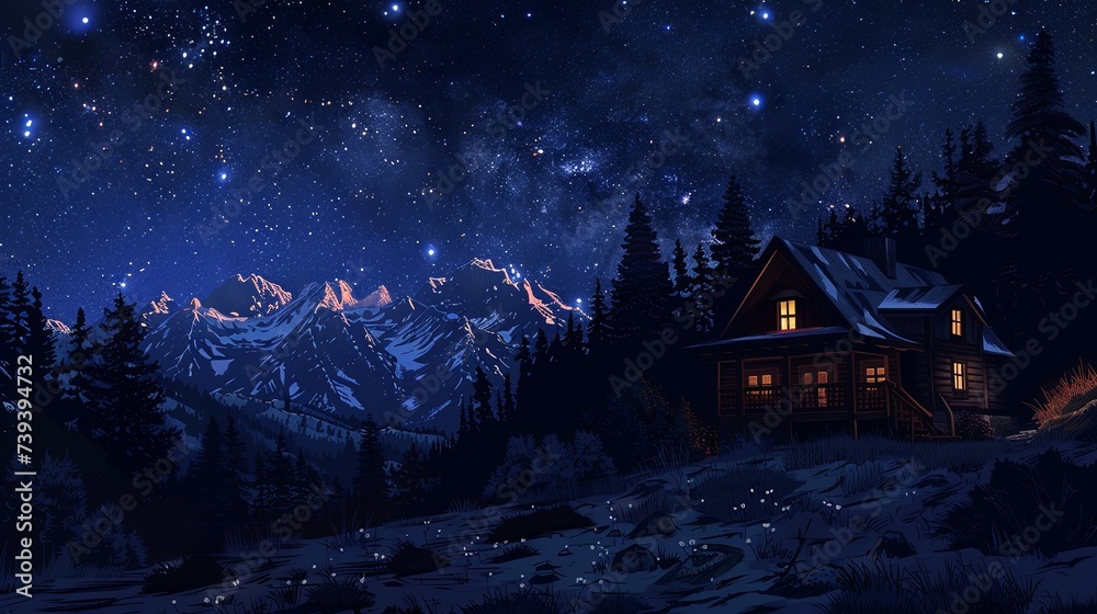 A cozy cabin nestles under a breathtaking starry night sky, with the ...