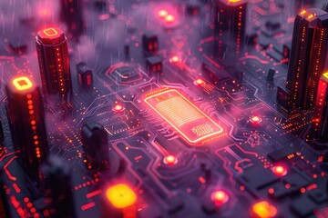 Poster - A vibrant city's heartbeat captured through the intricate lines and illuminating lights of a circuit board