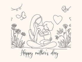 Wall Mural - Happy Mother's Day Art Line Illustration