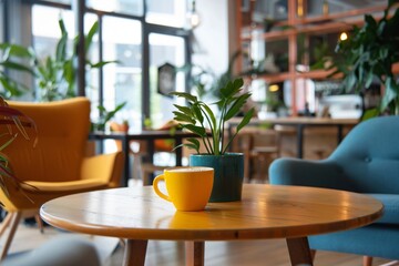 A vibrant co working space with coffee as the central hub for networking and collaboration