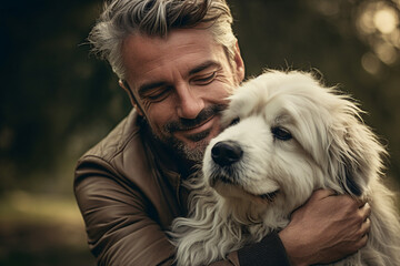 Canvas Print - Generative AI image of happy smiling person male interacting with animal