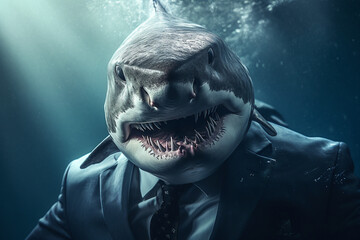 Poster - Generative ai picture of aggressive angry shark with sharp teeth in suit