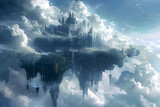 Fototapeta  - a fantasy castle floating in the clouds above it, in the style of mirrored realms, chaotic academia, captivating skylines, dark white and light blue