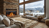 Fototapeta  - A cozy living room. Fireplace interior design. Created with generative AI.