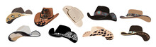 Set Of Different Cowboy Hats With Traditional Western Decorations. Wild West Fashion Style. Vector Realistic Illustrations Isolated On Transparent Background.