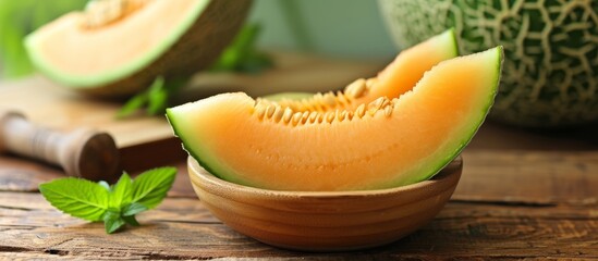 Wall Mural - Fresh ripe melon cut in half on a rustic wooden cutting board