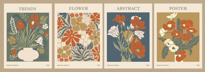 Set of abstract Flower Market Posters. Trendy botanical wall arts with floral design in Mid Century colors. Modern naive groovy funky interior decorations, paintings. Vector art illustration