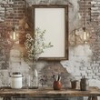 a mockup image of a 12x16 picture frame made of rustic barn wood, hanging on a rustic brick wall with concrete
