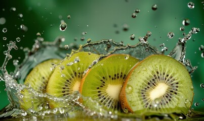 Wall Mural - slices of kiwi with water droplets splash around