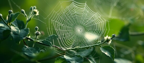 Sticker - Detailed spider web delicately woven on a tree branch in the forest