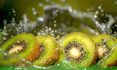 Wall Mural - slices of kiwi with water droplets splash around