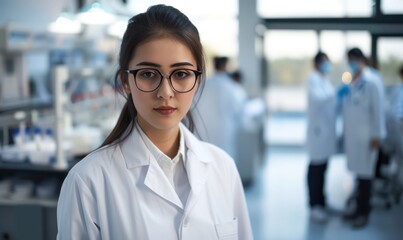 Poster - A poised young woman scientist, donning a pristine white coat and glasses, in laboratory