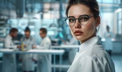 Poster - A poised young woman scientist, donning a pristine white coat and glasses, in laboratory