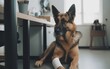 a dog with a cast on his paw sits in the veterinarian's office 