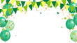 triangle pennants chain, confetti, green balloon and clover leaves for saint Patrick day