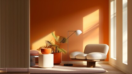 Canvas Print - Interior of modern living room with orange walls, concrete floor, comfortable white armchair and coffee table