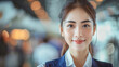 Portrait of a young asian female flight attendant or stewardess on blurred background of airport.