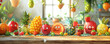 A dining table scene straight from a cartoon where characters and an abundance of fresh fruits create a picture of happiness and health