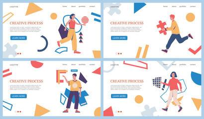 Fototapete - Creative process landing page. People with puzzle and geometric shapes. Website design template. Brainstorm and innovation idea. Business solution. Work creativity. Vector background