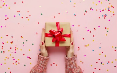 Sticker - woman hands holding pressent box with red bow