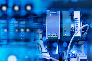 Poster - electronic equipment. factory automation cabinet, inside view. server technologies. network equipmen