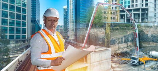 Poster - man is owner of construction company. foreman at erection site of skyscraper. builder with paper arc