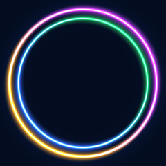 Poster - Vector 3d render, circle glowing in the dark, pink blue neon light, illuminate frame design. Abstract cosmic vibrant color backdrop. Glowing neon light. Neon frame with rounded corners.