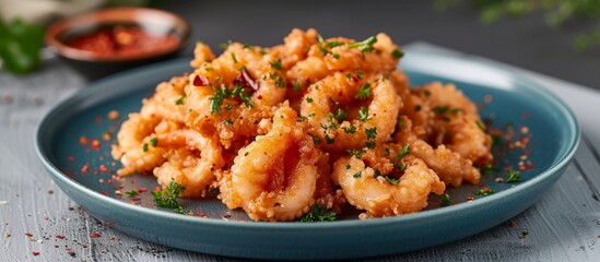 Poster - Delicious plate of crispy fried shrimp with a flavorful dipping sauce