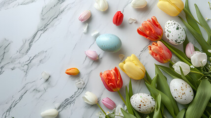 Wall Mural - Happy Easter holiday background, easter egg, bunny, tulip, Easter border frame banner decoration