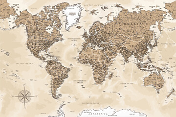 Wall Mural - World Map - Highly Detailed Vector Map of the World. Ideally for the Print Posters. Dark Golden Beige Retro Style