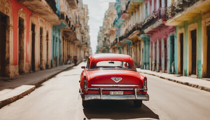 Naklejka na meble retro red car on a sunny street in havana, cuba
