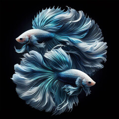 Wall Mural - Two blue white betta fish movement beautiful, Siamese fighting fish on black background. Generative ai