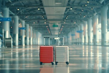 Travel Fashion Closeup Shot Of Two Plastic Suitcases Standing At Empty Airport Corridor Stylish Luggage Bags Waiting At Terminal Hall Banner For Air Travelling And Vacation Booking Concept
