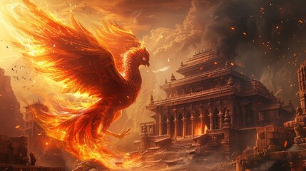 Wall Mural - A phoenix rising from ashes beside an ancient Hindu temple, symbolizing resurgence