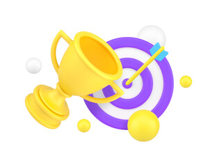 Poster - Target achievement dartboard arrow in bullseye cup award success aiming 3d icon realistic vector