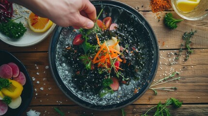 Wall Mural - Seaweeds and vegetable salad. Vegetarian organic algae salad. Healthy vegan food , sustainable nutrition concept.