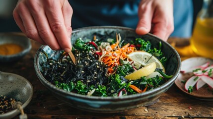 Wall Mural - Seaweeds and vegetable salad. Vegetarian organic algae salad. Healthy vegan food , sustainable nutrition concept.