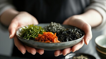 Wall Mural - Seaweeds and vegetable salad. Vegetarian organic algae salad. Healthy vegan food , sustainable nutrition concept.